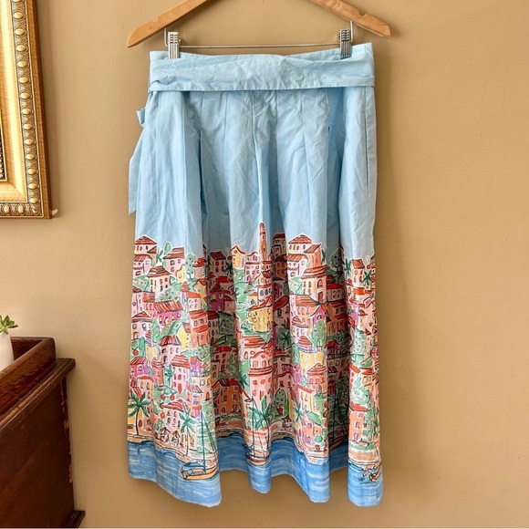 Talbot's Poplin Fit Flare Skirt Scenic Riviera Sash Belt Midi Beach Print 4 NWT - Picture 6 of 11